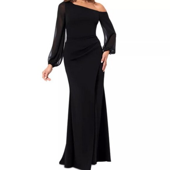 Betsy & Adam Black Off the Shoulder Long Sleeve Gown - Picture 1 of 4